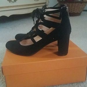 Black faux suede lace up heels